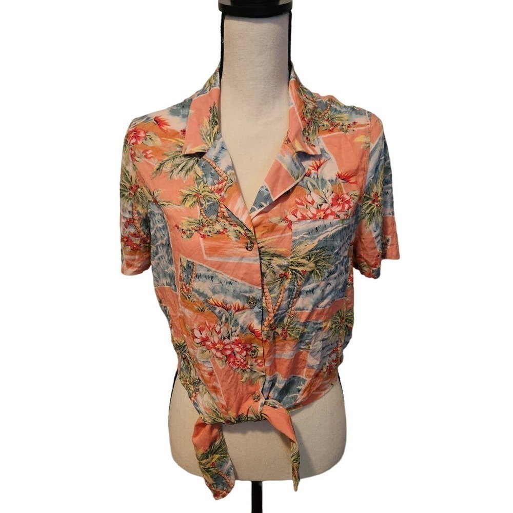 NWT American Eagle Tie Front Shirt S Pink Tropical Aloha Print Vacation Resort